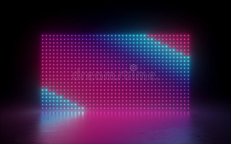 3d render, abstract background, glowing dots, screen pixels, neon lights, virtual reality, ultraviolet spectrum, pink blue vibrant colors, fashion podium, isolated on black, floor reflection. 3d render, abstract background, glowing dots, screen pixels, neon lights, virtual reality, ultraviolet spectrum, pink blue vibrant colors, fashion podium, isolated on black, floor reflection